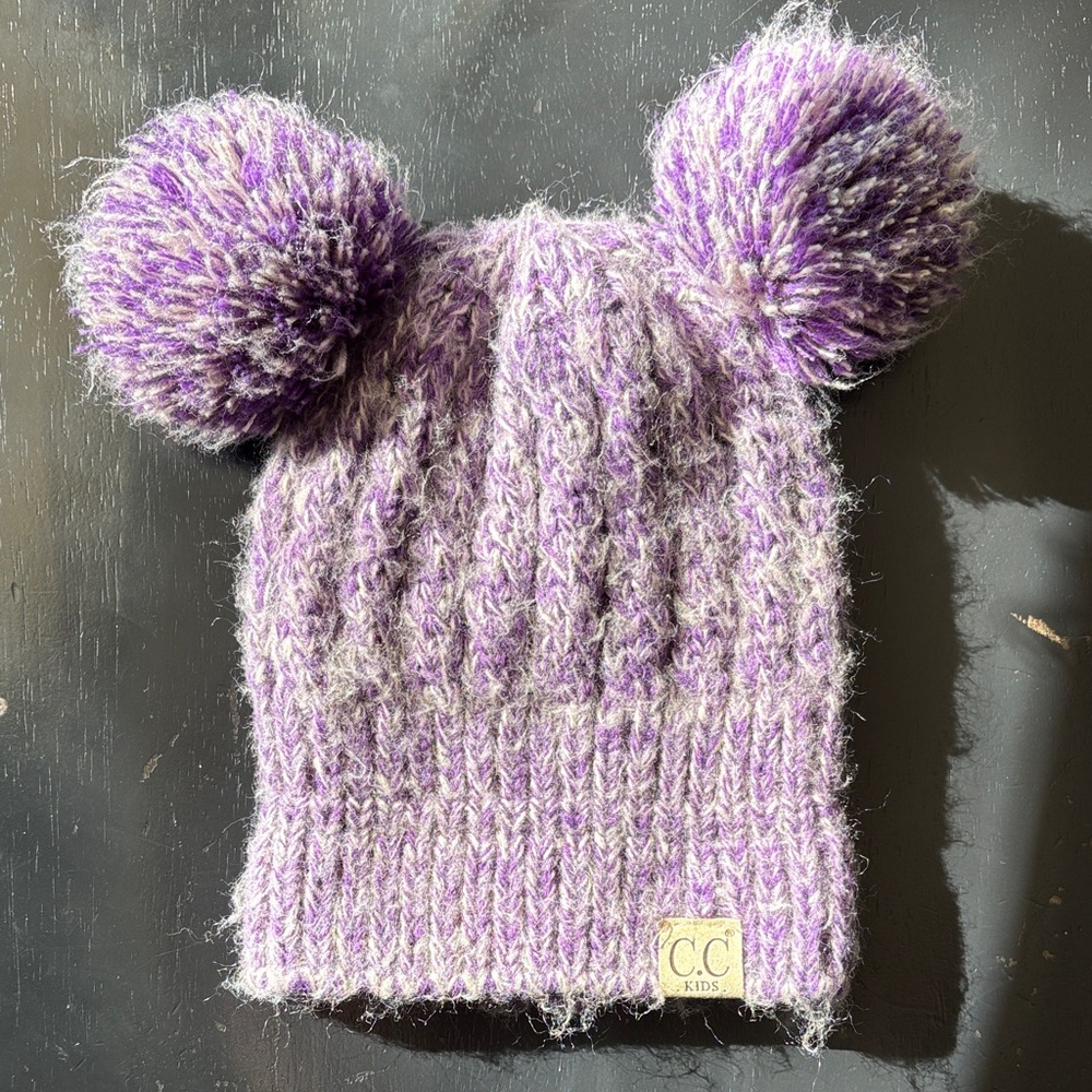 C.C Kids Purple Knit Beanie with Pom-Poms